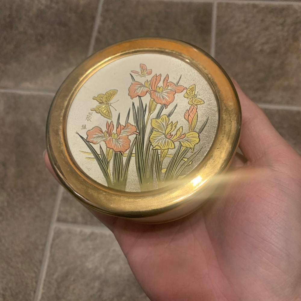 Vintage 24k Gold Trim Glass Container W/ Lid Himark Japan Chokin Trinket Dish